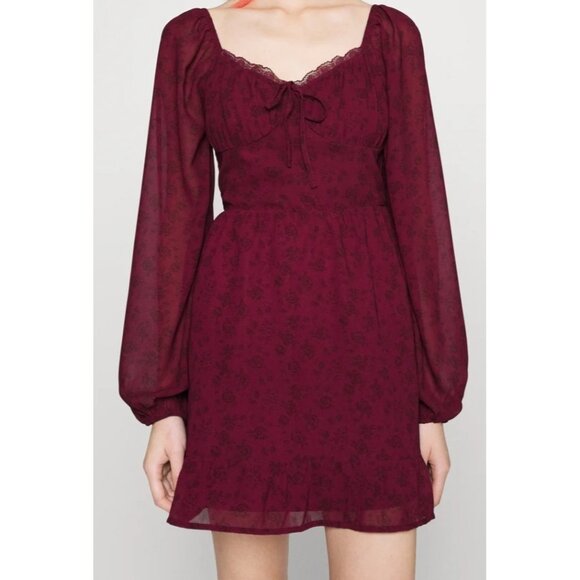 Hollister Burgundy Black Floral Babydoll Mini Dress Fairy Grunge Whimsy Goth - Picture 4 of 12